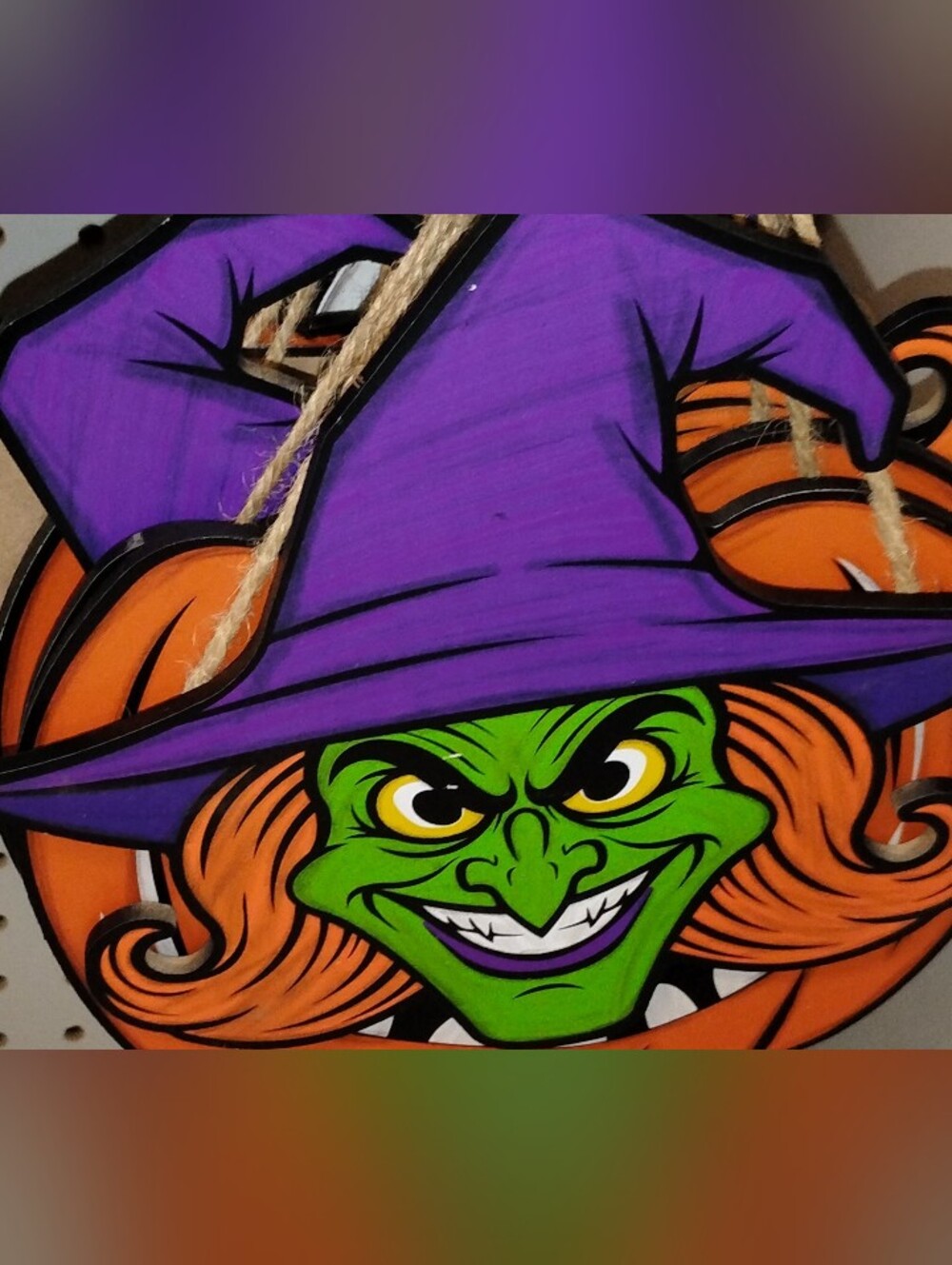 Halloween Playful Purple Witch Wall Hanging Art/Decor with Green Face